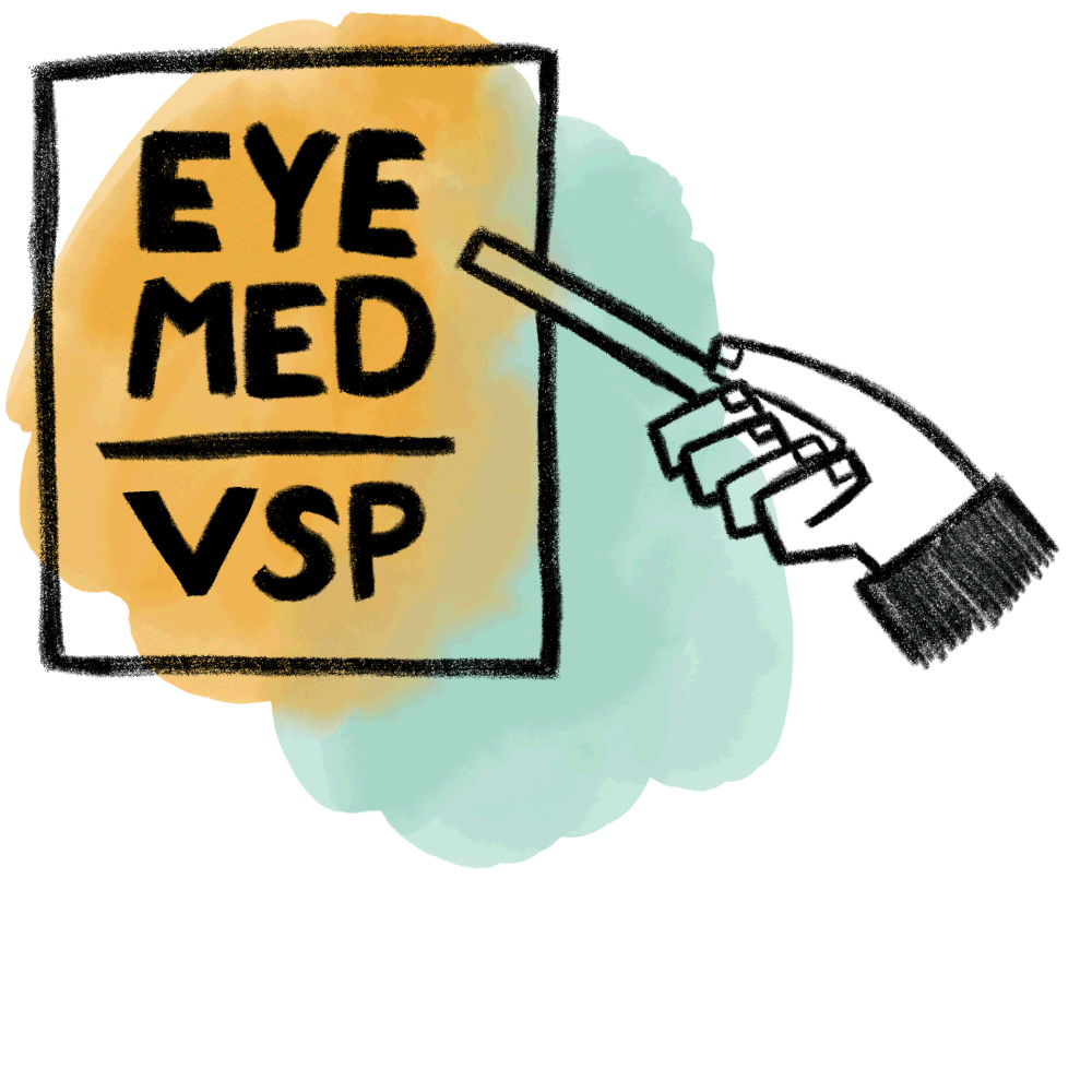 Eye Med/VSP on an eye chart with a hand holding a pointer at the chart
